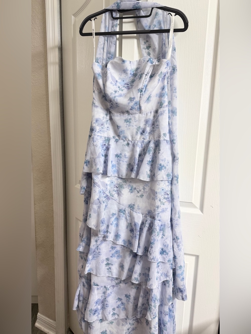 JJs House Pale Blue Floral Halter Tiered Maxi Dress